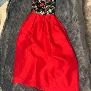 Floral Bodice Red Satin High-Low Dress